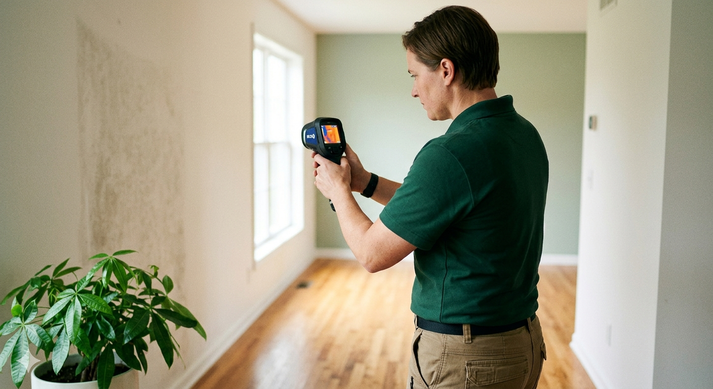 Licensed mold inspector using FLIR thermal camera to inspect a Michigan home